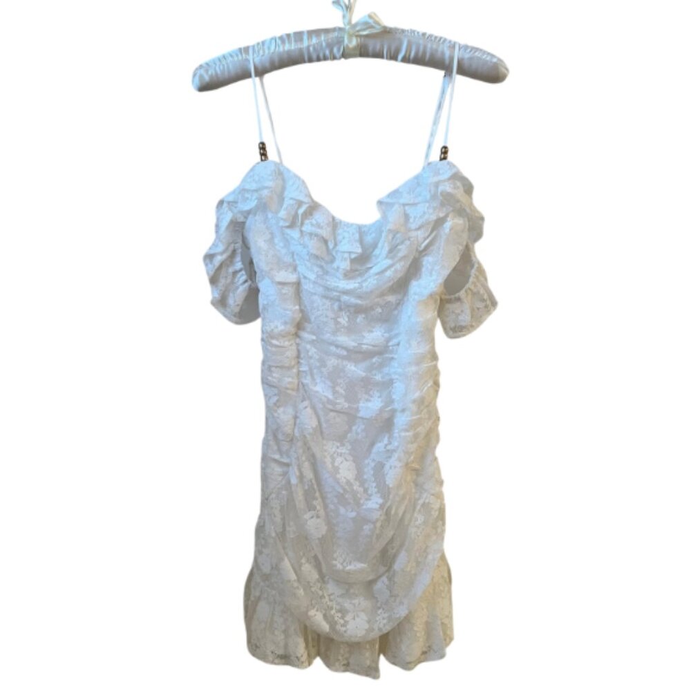 Selfie Leslie White Lace Mini Ruched Off the Shoulder Dress